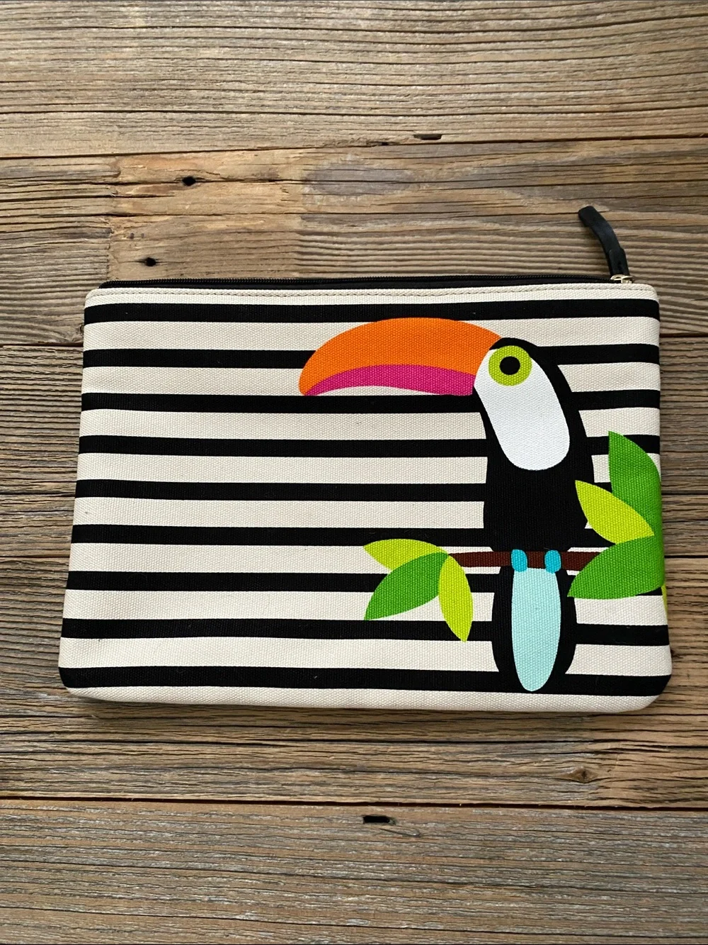 Striped Toucan Print Zip Pouch - Black & White with Colorful Accent